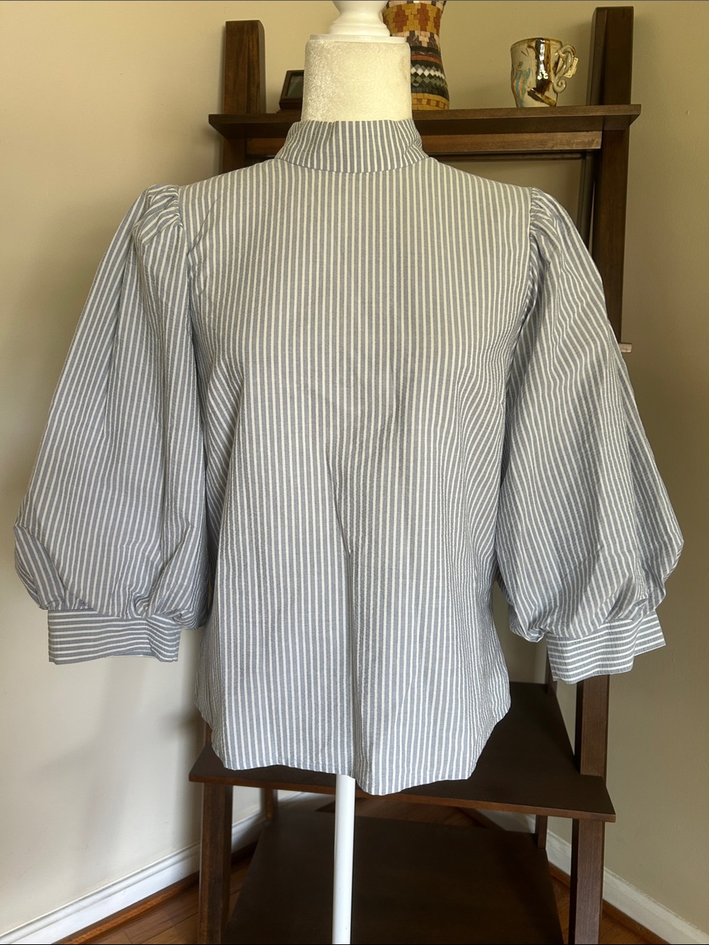 Levi's Blue & White Pinstripe Puff-Sleeve High Neck Top